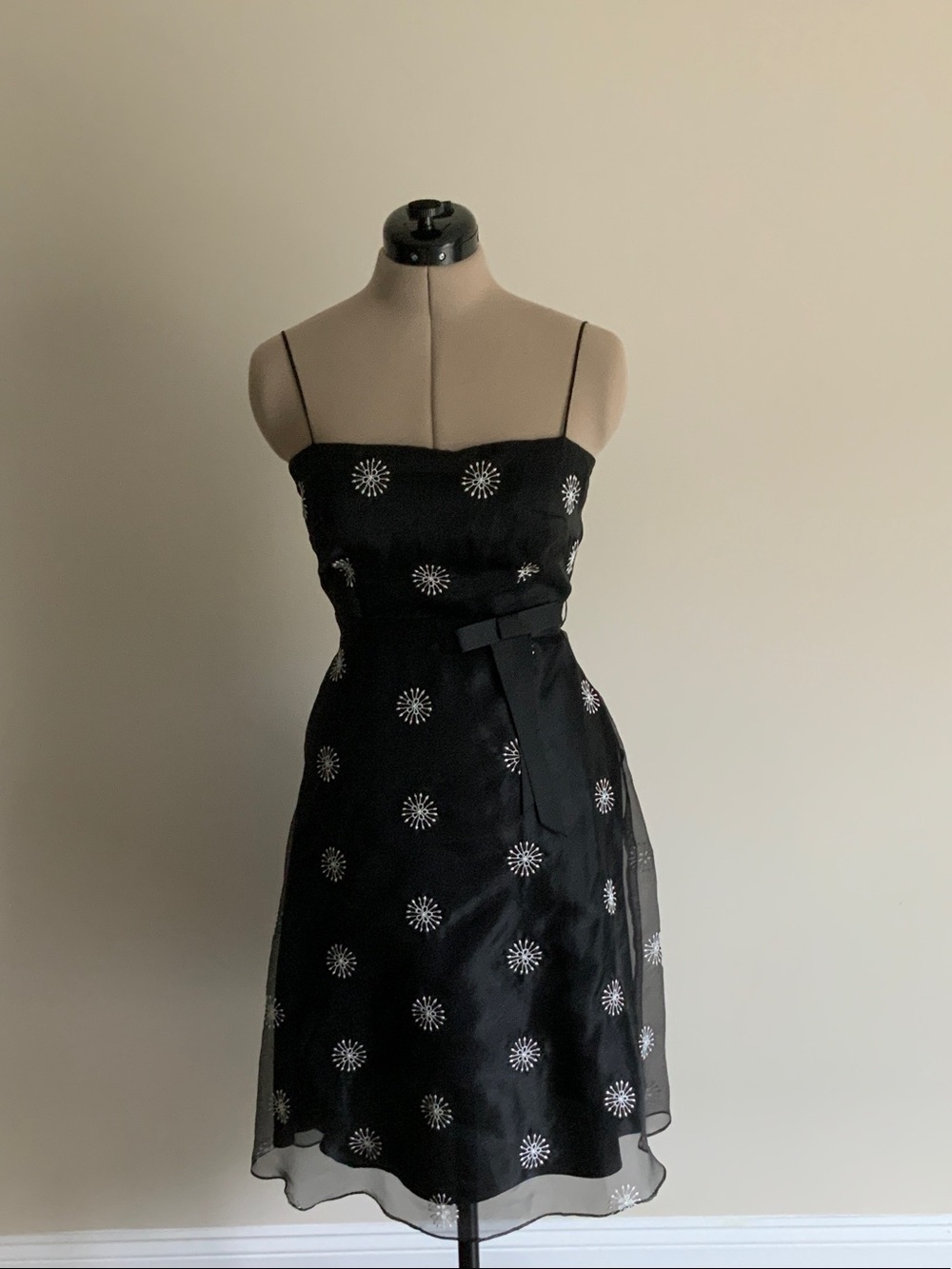 LAUNDRY Black Spaghetti Strap A-Line Dress with Embellished Starburst Motif